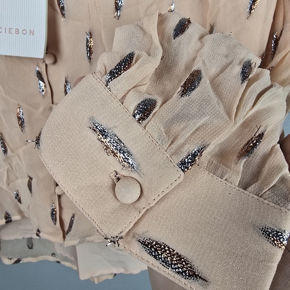 CIEBON Farah Top Button-up Slight Crop Peach Metallic All Over Print Women Sz S‎ - Picture 4 of 12
